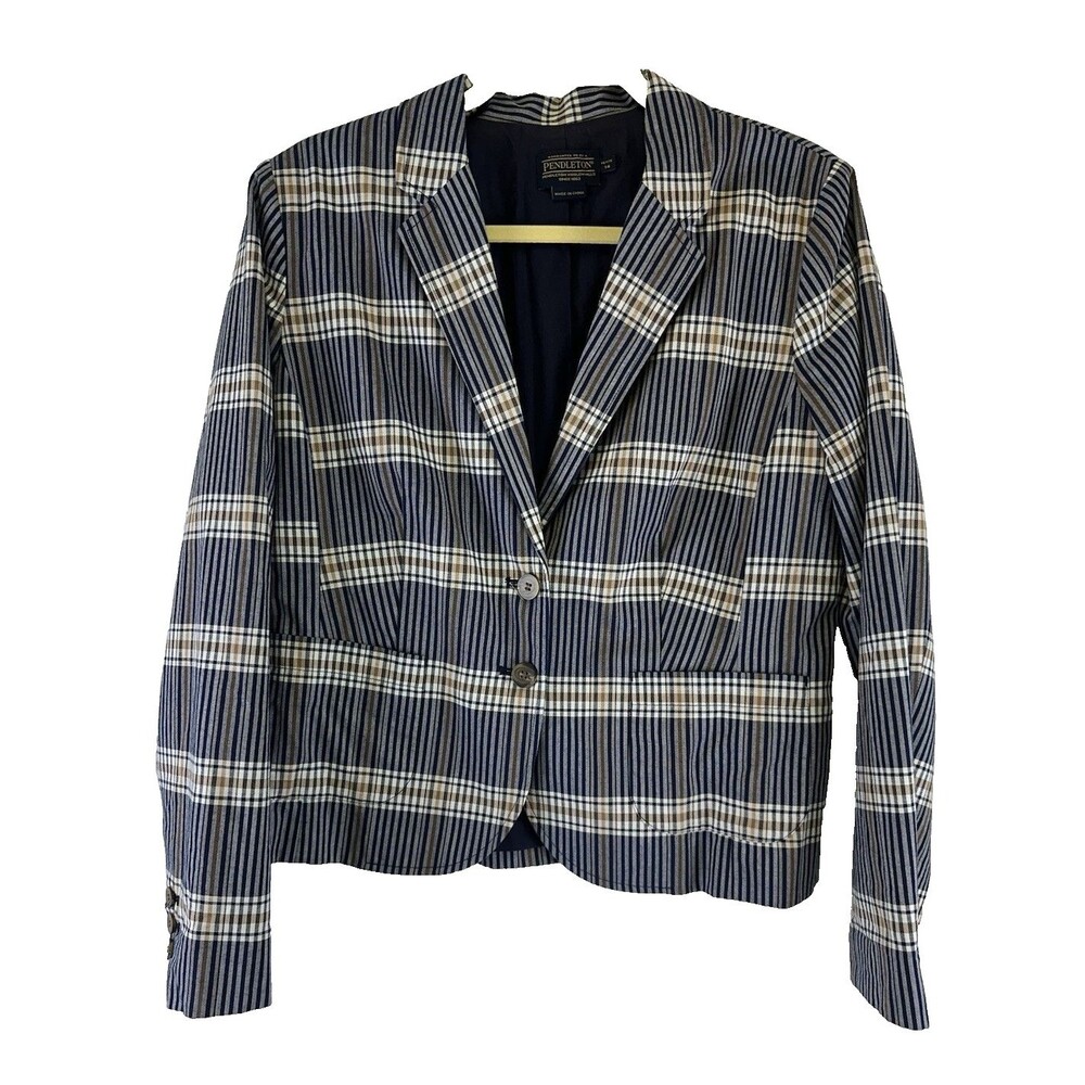 Pendleton Blue Plaid Cotton Blazer Jacket Button Lightweight Business Petite 14